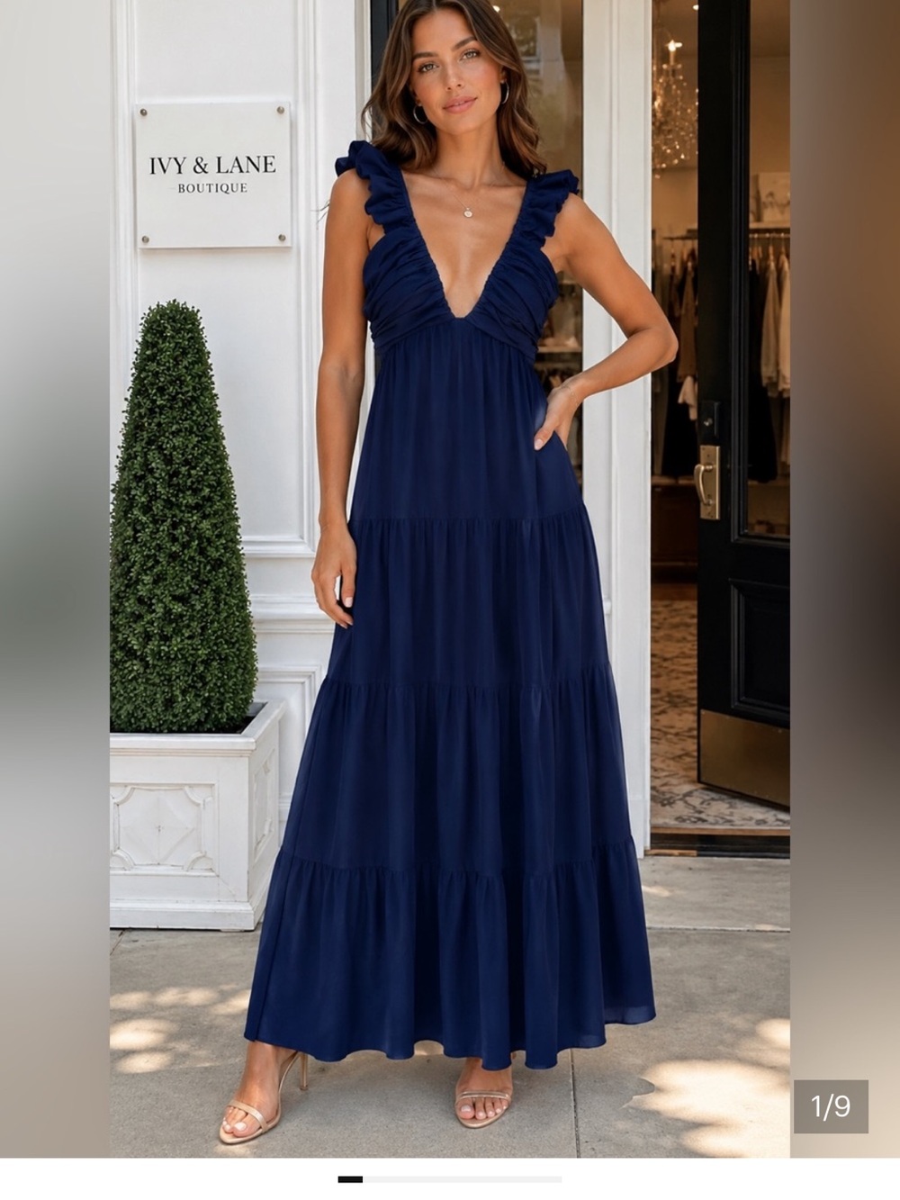 Jason Wu Navy Ruffle Strapless Maxi Dress Large